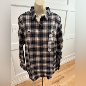 NWT DULUTH WOMEN'S Free Swinging Flannel‎ Black Puddy Check Button Down XL